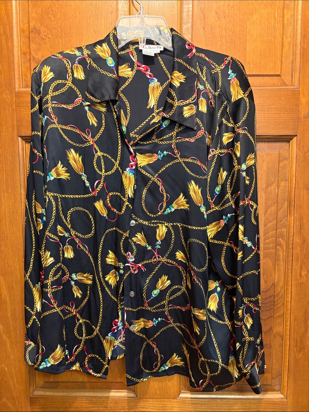 Talbots Black Silk Blouse with Gold Chain & Multicolor Tassel Print